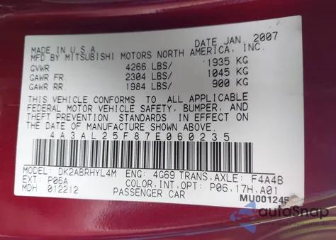 2007 Mitsubishi Eclipse Spyder Gs z USA, uszkodzony, nr VIN 4A3AL25F87E060235